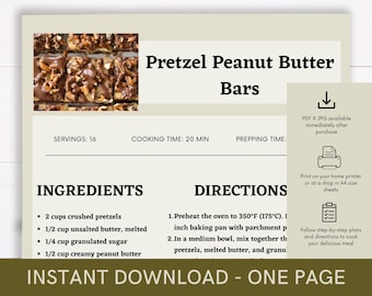 Pretzel Peanut Butter Bars Cookbook Recipe, Digital Recipe, Recipe Template, Printable Recipe, Download Cooking Procedure, Food Recipe
