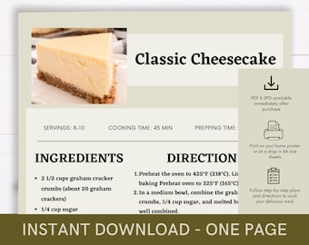 Printable Recipe for Classic Cheesecake, Delicious Food Recipe, Recipe Template, Ready to Print Recipe, Caterer Cooking Guide Recipe