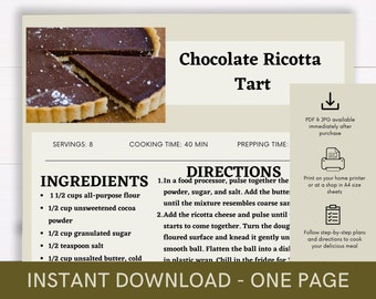 Chocolate Ricotta  Tart Recipe, Digital Recipe, Recipe Template, Printable Recipe, Download Cook Procedure, Recipe Cook Guide Party Dish