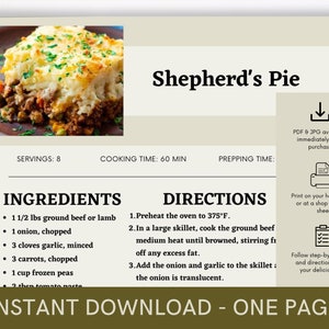 Shepherd's Pie Recipe Cookbook, Digital Recipe, Recipe Template, Printable Recipe, Recipe Cook Guide Party Recipe, Instant Download Recipe