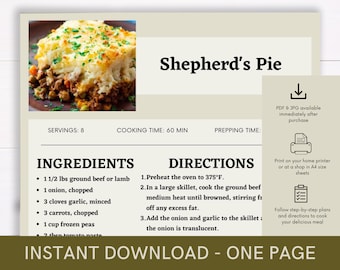 Shepherd's Pie Recipe Cookbook, Digital Recipe, Recipe Template, Printable Recipe, Recipe Cook Guide Party Recipe, Instant Download Recipe