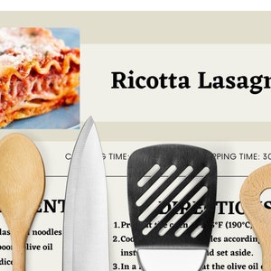 May include: A recipe card for Ricotta Lasagna with a photo of the finished dish. The card includes a list of ingredients and directions for preparing the lasagna. The ingredients include 1 pound lasagna noodles, 2 tablespoons olive oil, 1 onion, diced, and other ingredients.