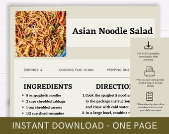 Asian Noodle Salad Cookbook Recipe, Digital Recipe, Recipe Template, Printable Recipe, Download Cooking Procedure, Food Recipe Gift