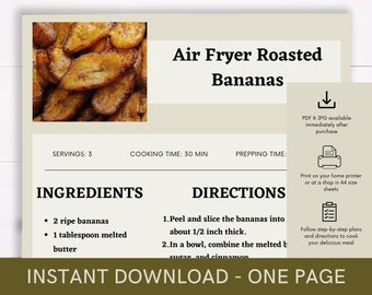 Air Fryer Roasted Bananas Cookbook Recipe, Digital Recipe, Recipe Template, Printable Food Recipe, Download Cook Procedure, Food Recipe
