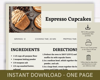 Espresso Cupcakes Recipe Cookbook, Digital Recipe, Recipe Template, Printable Recipe, Recipe Cook Guide Party Dish, Instant Download Recipe