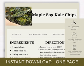 Maple Soy Kale Chip Recipe, Digital Recipe, Recipe Template, Printable Recipe, Download Cook Procedure, Recipe Cook Guide Recipe, Party Dish