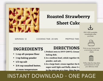 Printable Recipe for Roasted Strawberry Sheet Cake, Delicious Food Recipe, Recipe Template, Ready to Print Recipe, Caterer Cooking Recipe