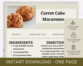 Printable Recipe for Carrot Cake Macaroons, Delicious Food Recipe, Recipe Template, Ready to Print Recipe, Caterer Guide, Download