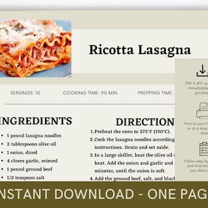 Printable Recipe for Ricotta Lasagna, Delicious Food Recipe, Recipe Template, Ready to Print Recipe, Caterer Cooking Guide, Download