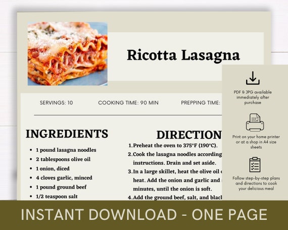 Printable Recipe for Ricotta Lasagna, Delicious Food Recipe, Recipe Template, Ready to Print Recipe, Caterer Cooking Guide, Download