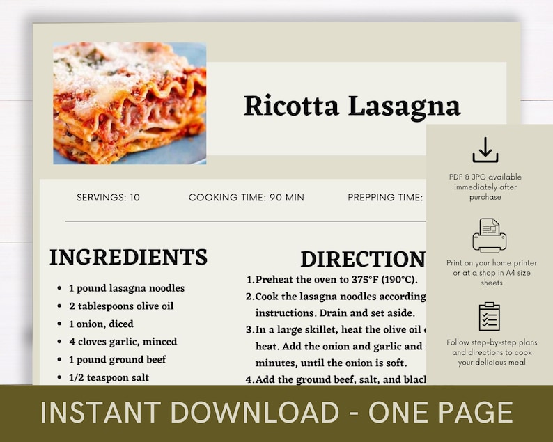 Printable Recipe for Ricotta Lasagna, Delicious Food Recipe, Recipe ...