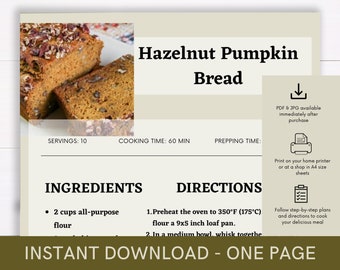 Hazelnut Pumpkin Bread Recipe Cookbook, Digital Recipe, Recipe Template, Printable Recipe, Recipe Cook Guide Party Recipe, Download Recipe