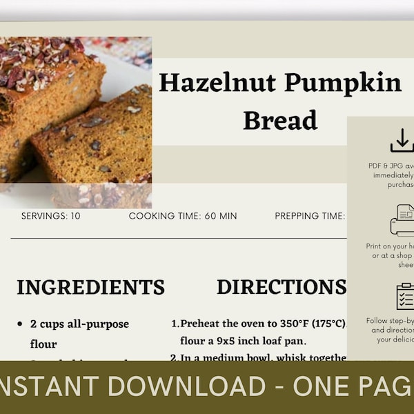 Hazelnut Pumpkin Bread Recipe Cookbook, Digital Recipe, Recipe Template, Printable Recipe, Recipe Cook Guide Party Recipe, Download Recipe
