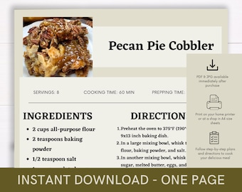Pecan Pie Cobbler Recipe Cookbook, Digital Recipe, Recipe Template, Printable Recipe, Recipe Cook Guide Party Recipe, Download Recipe