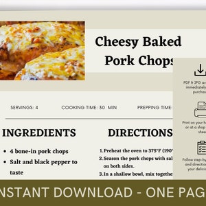 Cheesy Baked Pork Chops Cookbook Recipe, Digital Recipe, Recipe Template, Printable Recipe, Download Cooking Procedure, Food Recipe Gift