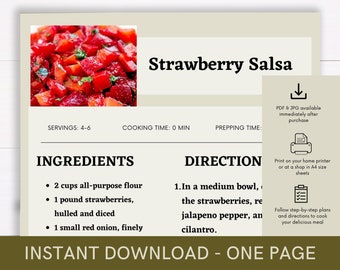 Printable Recipe for Strawberry Salsa, Delicious Food Recipe, Recipe Template, Ready to Print Recipe, Caterer Cook Guide, Download