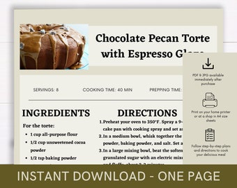 Chocolate Pecan Torte with Espresso Glaze Recipe Cookbook, Digital Recipe, Recipe Template, Printable Recipe, Recipe Cook Guide Party Dish