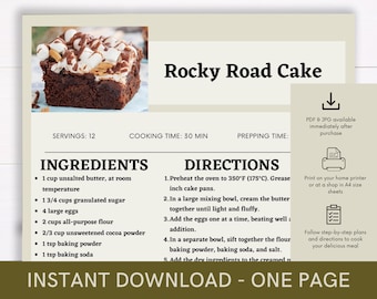 Printable Recipe for Rocky Road Cake, Delicious Food Recipe, Recipe Template, Ready to Print Recipe, Caterer Cooking Guide Recipe