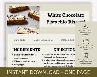 Libro de cocina de recetas de biscotti de pistacho y chocolate blanco, receta digital, plantilla de receta, receta imprimible, guía de cocina de recetas Descargar receta