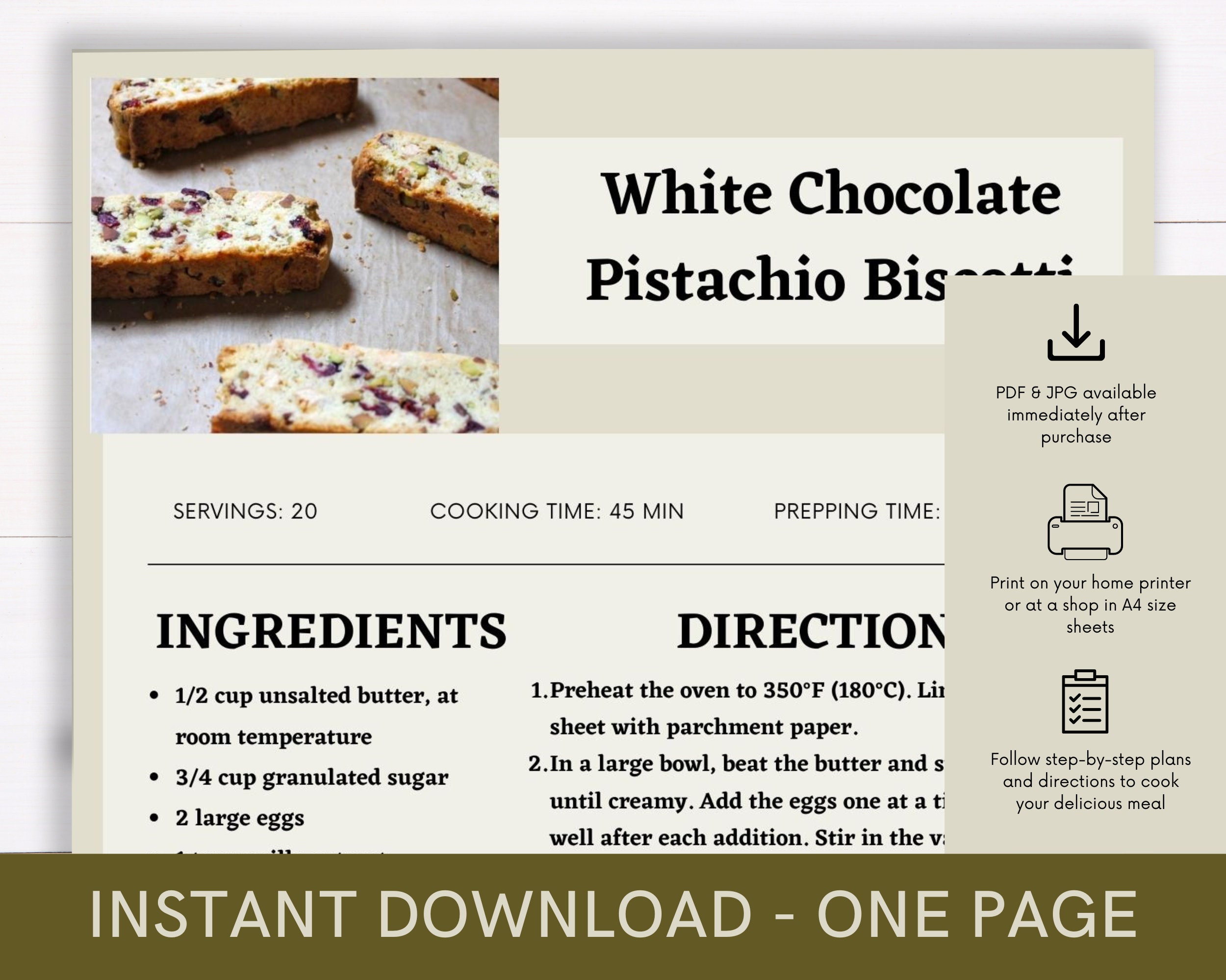 White Chocolate Pistachio Biscotti Recipe Cookbook, Digital Recipe, Recipe Template, Printable Recipe, Recipe Cook Guide Download Recipe
