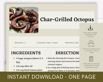 Char-Grilled Octopus Recipe, Digital Recipe, Recipe Template, Printable Recipe, Download Cook Procedure, Recipe Cook Guide Party Dish