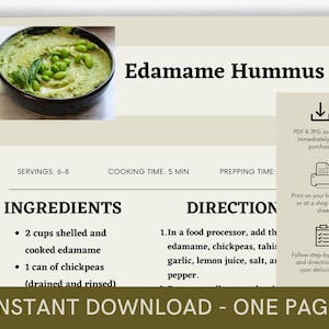 Edamame Hummus Recipe Cookbook, Digital Recipe, Recipe Template, Printable Recipe, Recipe Cook Guide Party Recipe, Instant Download Recipe