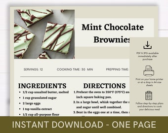Mint Chocolate Brownies Cookbook Recipe, Digital Recipe, Recipe Template, Printable Recipe, Download Cooking Procedure, Food Recipe Gift