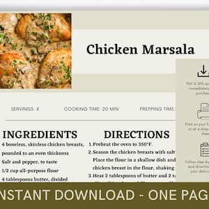 Chicken Marsala Cookbook Recipe, Digital Recipe, Recipe Template, Printable Recipe, Download Cooking Procedure, Food Recipe Gift
