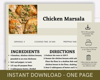 Chicken Marsala Cookbook Recipe, Digital Recipe, Recipe Template, Printable Recipe, Download Cooking Procedure, Food Recipe Gift