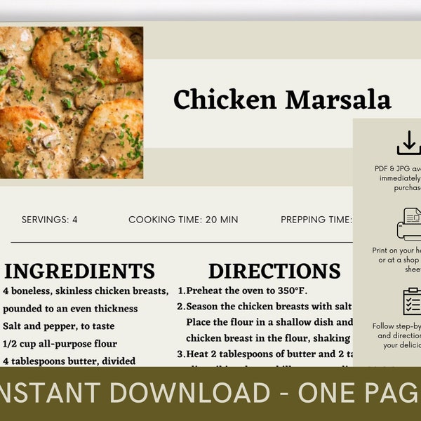 Chicken Marsala Cookbook Recipe, Digital Recipe, Recipe Template, Printable Recipe, Download Cooking Procedure, Food Recipe Gift