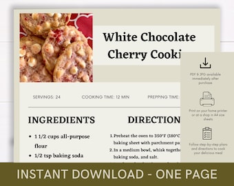 White Chocolate  Cherry Cookies Recipe, Digital Recipe, Recipe Template, Printable Recipe, Download Cook Procedure, Recipe Cook Guide