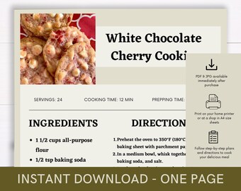 White Chocolate  Cherry Cookies Recipe, Digital Recipe, Recipe Template, Printable Recipe, Download Cook Procedure, Recipe Cook Guide