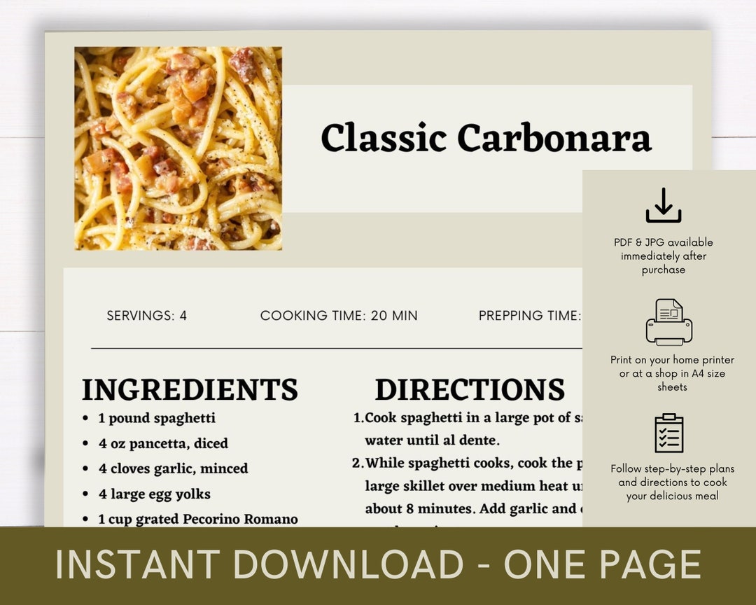 Classic Carbonara Cookbook Recipe, Digital Recipe, Recipe Template, Printable Recipe, Download ...