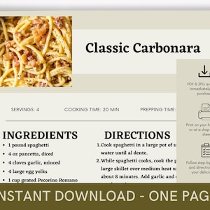 Classic Carbonara Cookbook Recipe, Digital Recipe, Recipe Template, Printable Recipe, Download Cooking Procedure, Food Recipe Gift