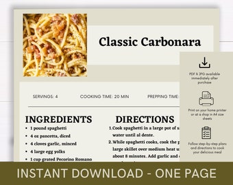 Classic Carbonara Cookbook Recipe, Digital Recipe, Recipe Template, Printable Recipe, Download Cooking Procedure, Food Recipe Gift