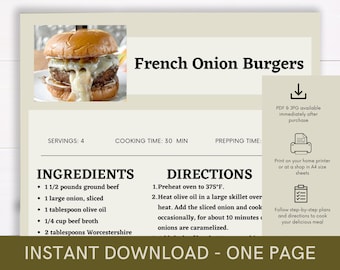 French Onion Burgers Cookbook Recipe, Digital Recipe, Recipe Template, Printable Recipe, Download Cooking Procedure, Food Recipe Gift