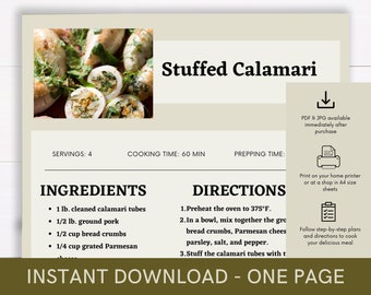 Stuffed Calamari Cookbook Recipe, Digital Recipe, Recipe Template, Printable Recipe, Download Cooking Procedure, Food Recipe Gift