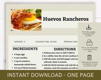 Huevos Rancheros Recipe Cookbook, Digital Recipe, Recipe Template, Printable Recipe, Recipe Cook Guide Party Dish, Instant Download Recipe