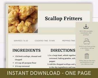 Scallop Fritters Recipe Cookbook, Digital Recipe, Recipe Template, Printable Recipe, Recipe Cook Guide Party Dish, Instant Download Recipe