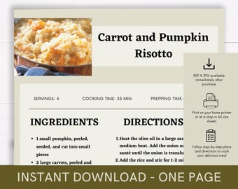 Carrot and Pumpkin Risotto Recipe, Digital Recipe, Recipe Template, Printable Recipe, Download Cook Procedure, Recipe Cook Guide Party Dish
