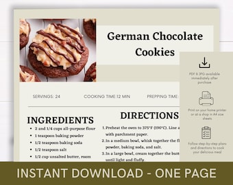 German Chocolate Cookies Cookbook Recipe, Digital Recipe, Recipe Template, Printable Recipe, Download Cooking Procedure, Food Recipe