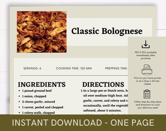 Libro de cocina de recetas boloñesas clásicas, Receta digital, Plantilla de recetas, Receta imprimible, Receta de fiesta de guía de cocina de recetas, Receta de descarga instantánea