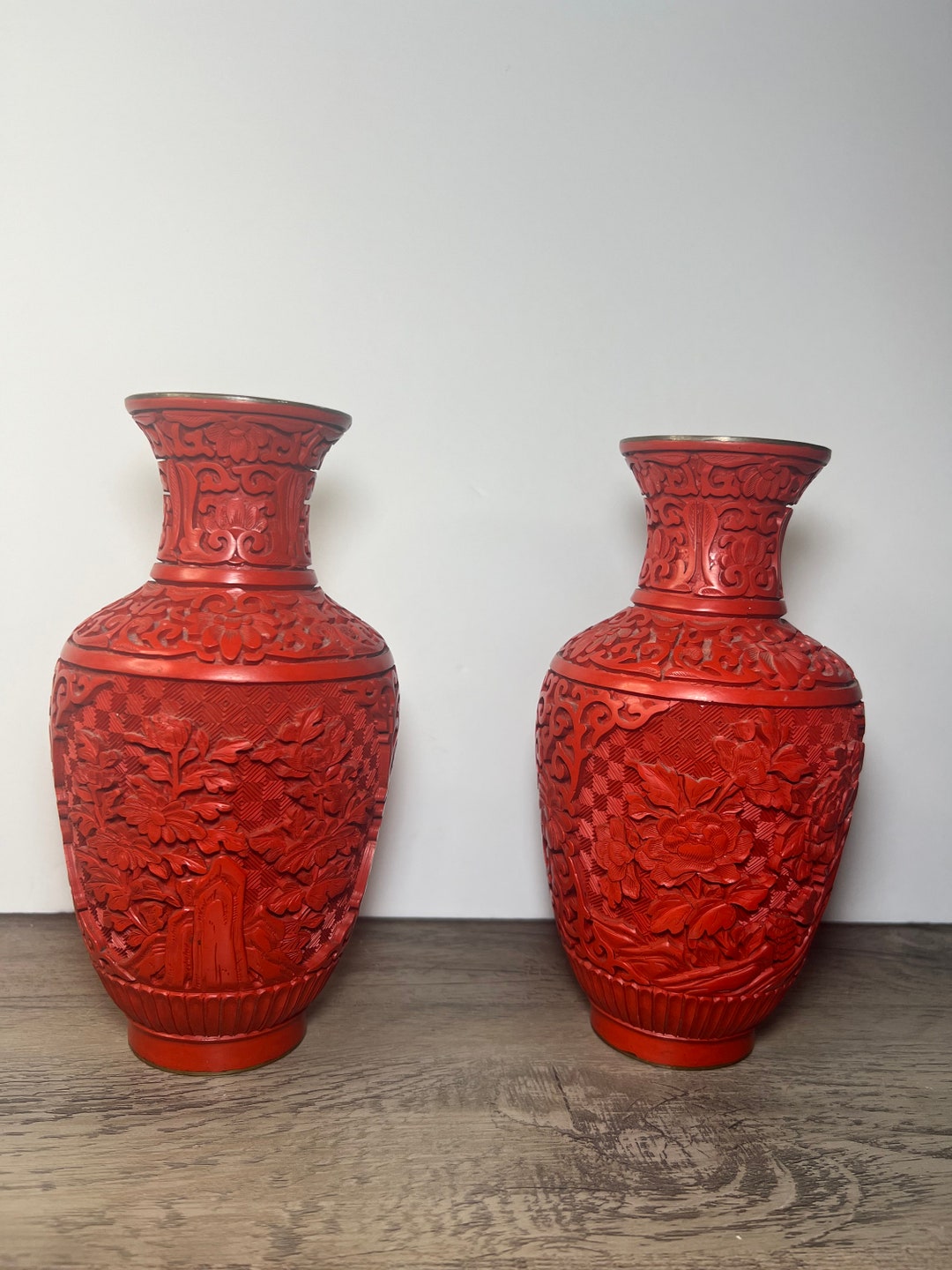 RARE Antique Chinese Lacquer Vase Varnish Carving 1900 Set of Etsy