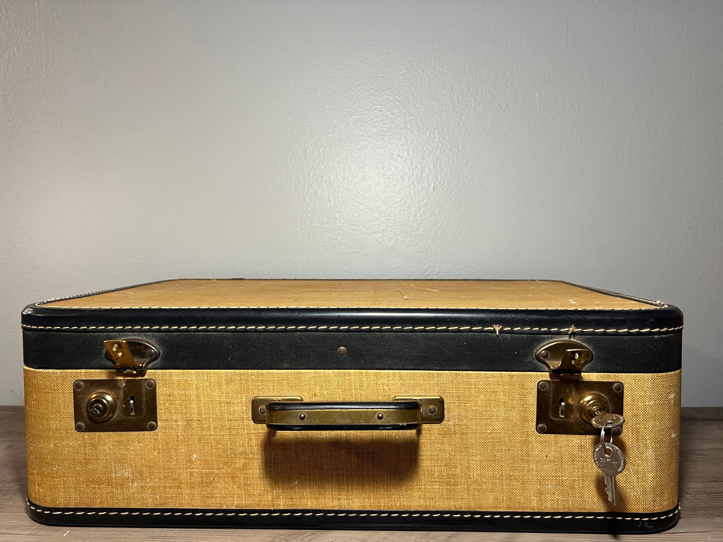 HTF Vintage Tweed Hard Sided Suitcases With Leather Edges and Handle