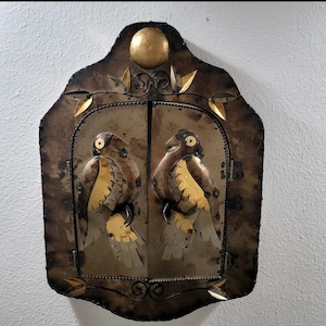 Mexican Punched Tin Wall Decor with Doors Brass Birds Folk Art Vtg