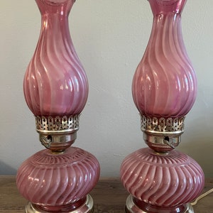 Vintage Fenton Cranberry Opalescent Glass Table Lamps - 1950s Set