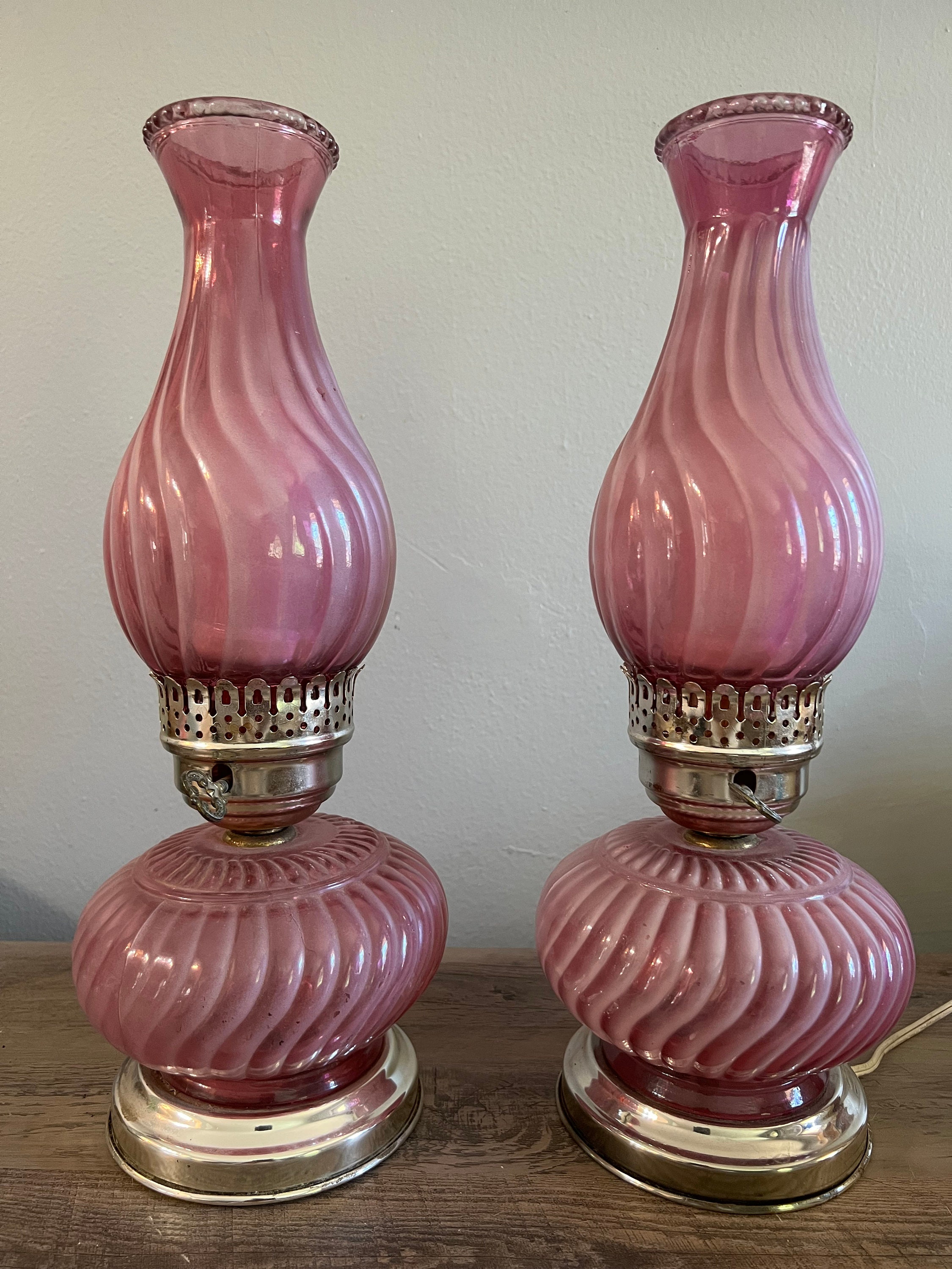 Vintage Fenton Cranberry Opalescent Glass Table Lamps - 1950s Set