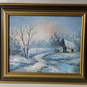 Vintage painting of a winter landscape in pastel colors, oil on canvas