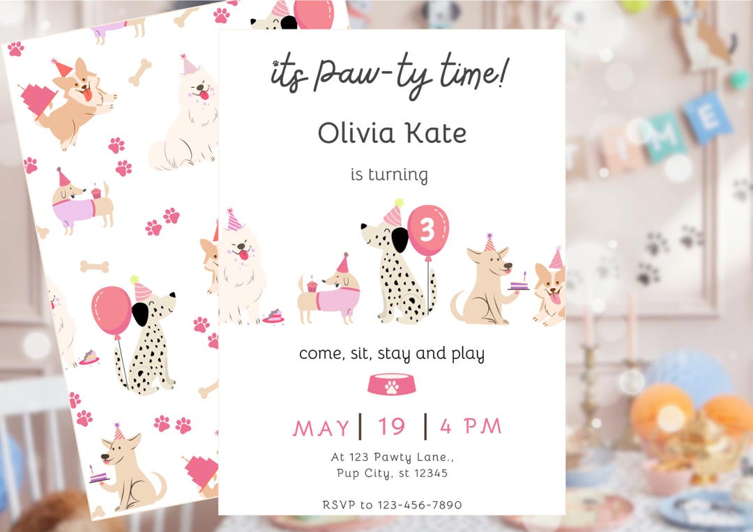 Editable Girl Puppy Birthday Party Invitation, Puppy Pawty Invitation ...