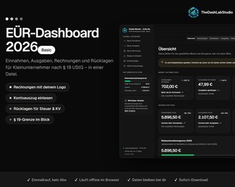 Puede incluir: Una interfaz de hoja de cálculo digital EÜR-Dashboard 2026 Basic para pequeños empresarios. El diseño oscuro muestra resúmenes financieros, ingresos, gastos y herramientas de seguimiento fiscal con etiquetas en alemán y tablas.